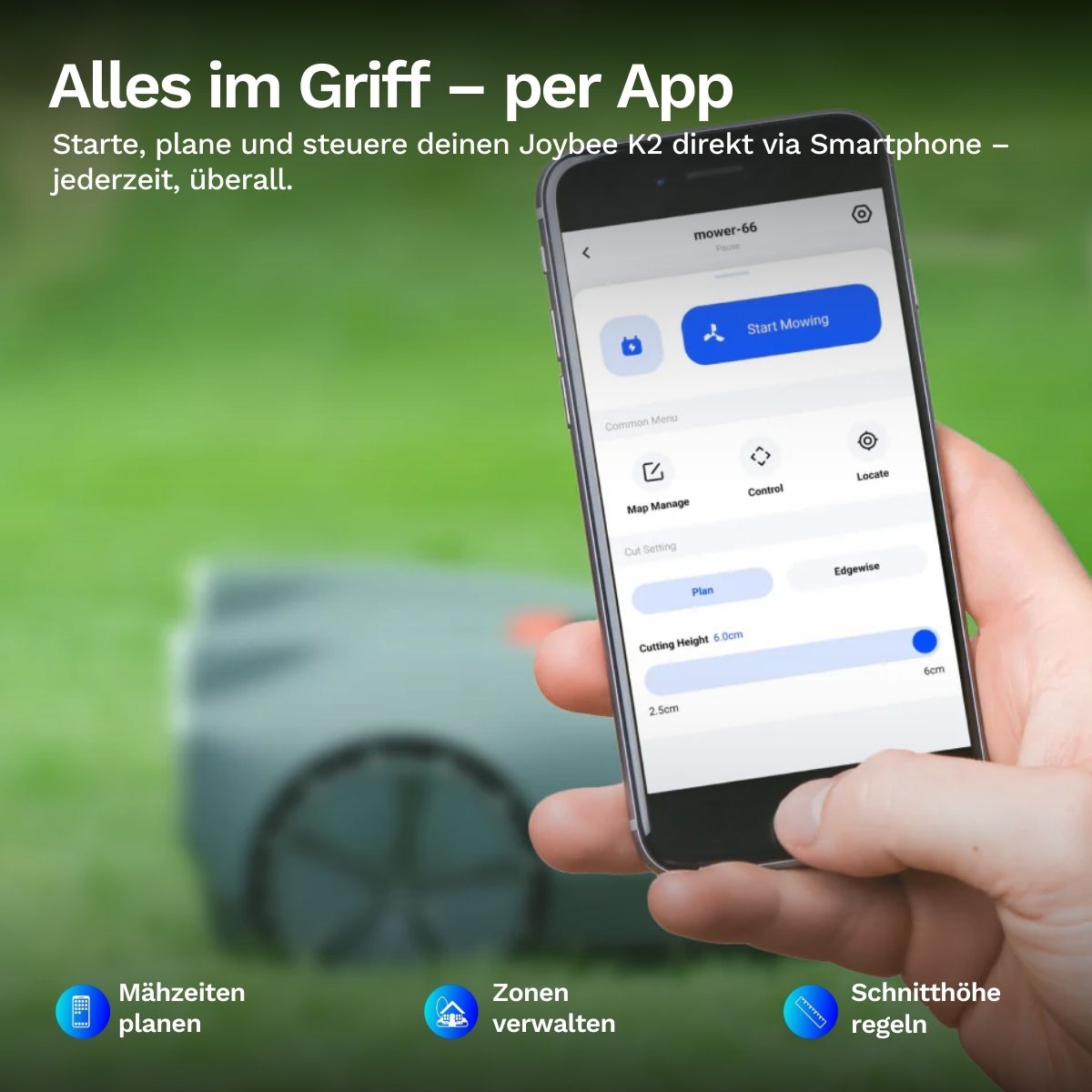 Joybee K2 – Kabelloser Mähroboter für präzises, gleichmäßiges Mähbild